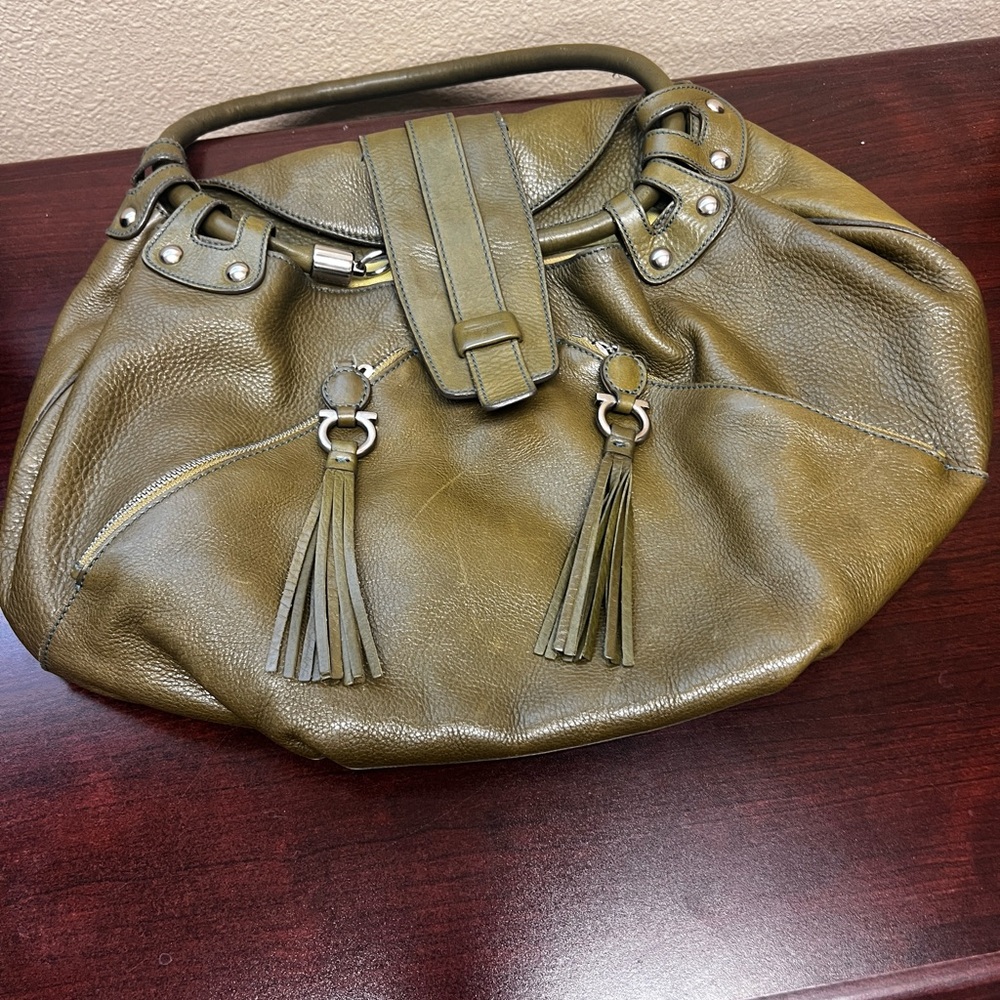 Salvatore Ferragamo olive shoulder bag with tassel